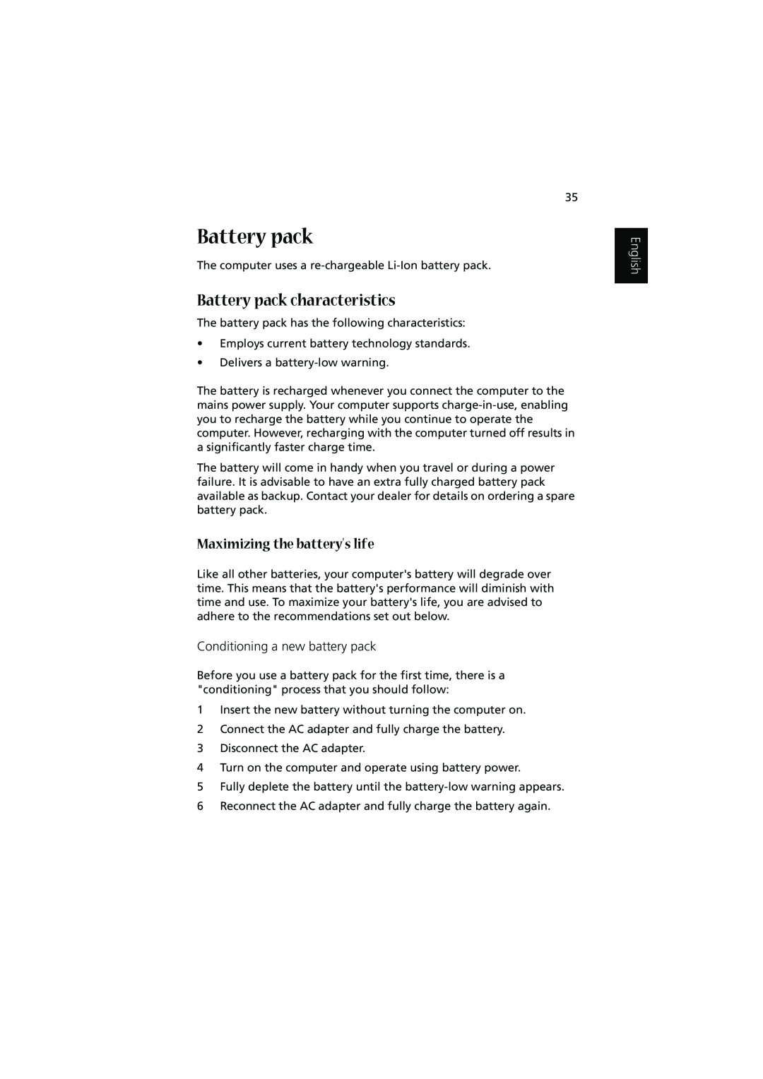 Acer 1450 manual Battery pack characteristics, Maximizing the batterys life, Conditioning a new battery pack, English 