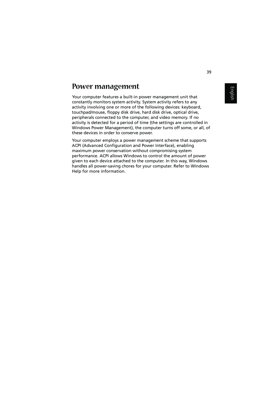 Acer 1450 manual Power management, English 