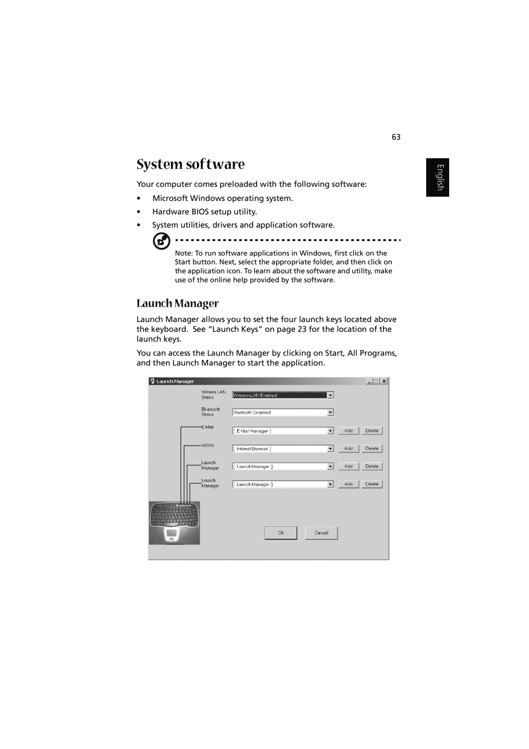 Acer 1450 manual System software, Launch Manager, English 