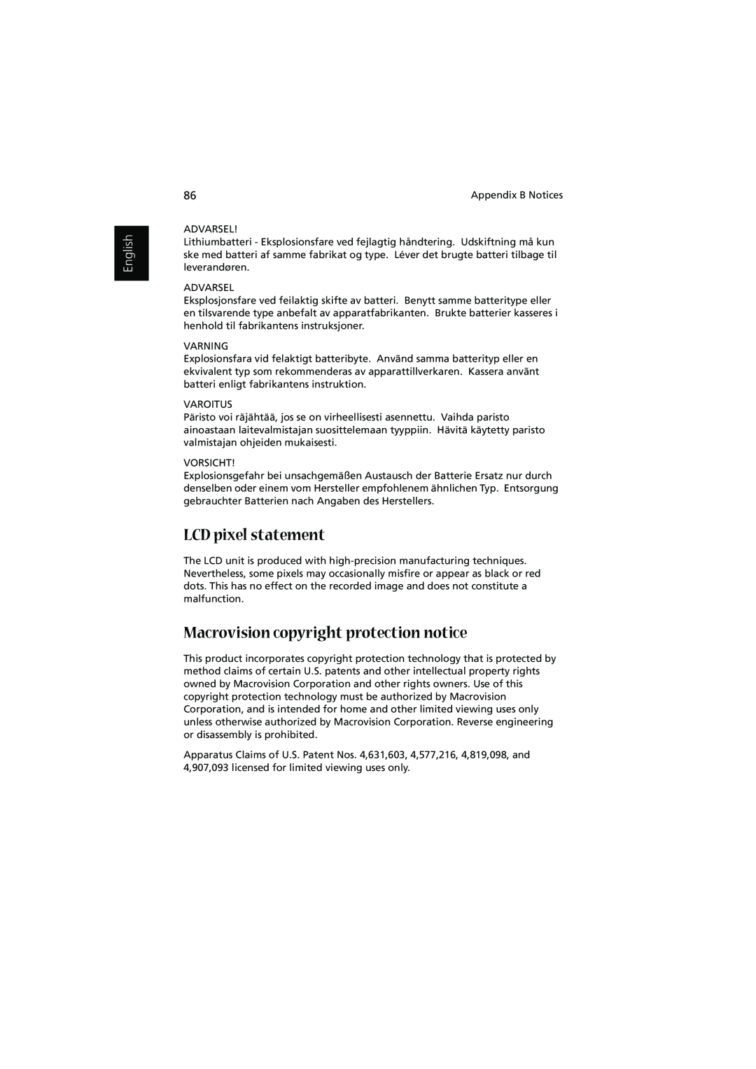 Acer 1450 manual LCD pixel statement, Macrovision copyright protection notice, English 