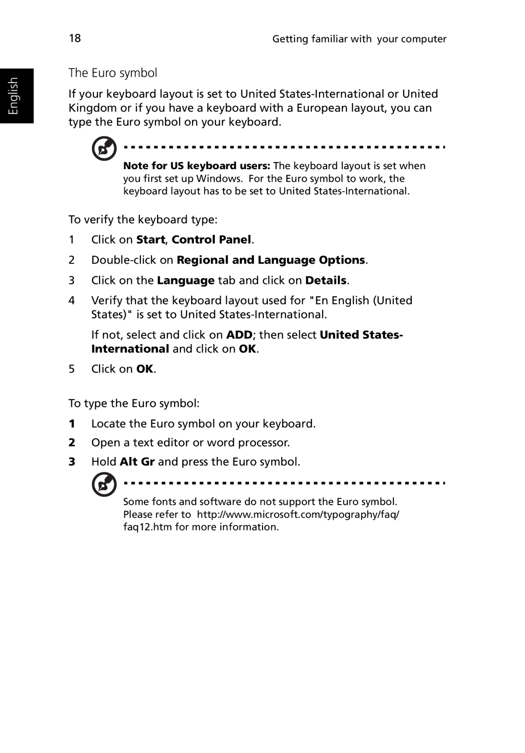 Acer 1500 manual Euro symbol 