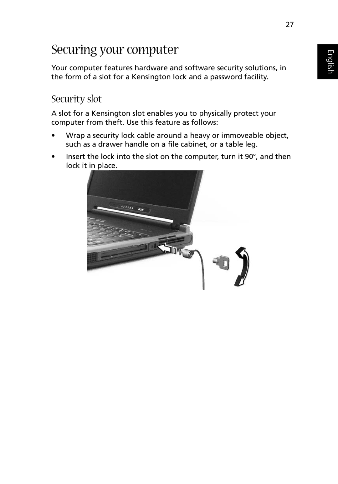 Acer 1500 manual Securing your computer, Security slot 