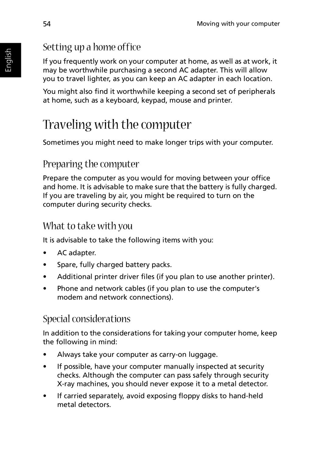 Acer 1500 manual Traveling with the computer, Setting up a home office, What to take with you 