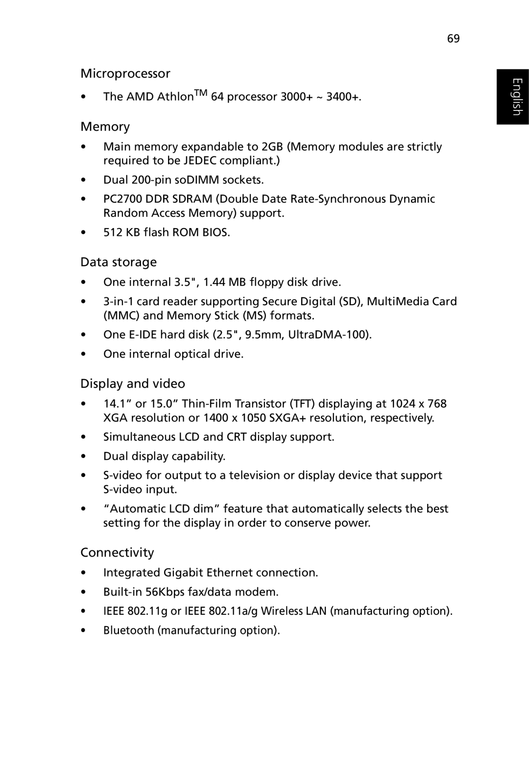 Acer 1500 manual Microprocessor, Memory, Data storage, Display and video 