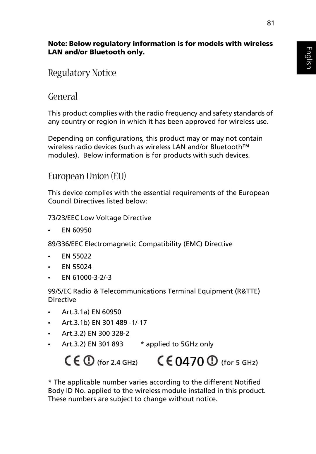 Acer 1500 manual Regulatory Notice General, European Union EU 