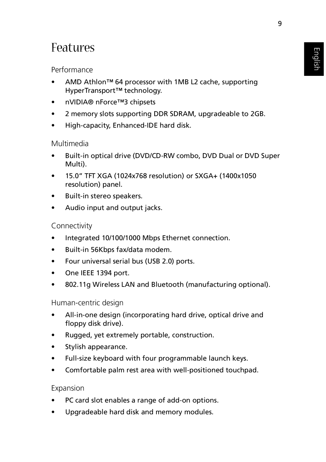 Acer 1510 Series manual Features, Performance 