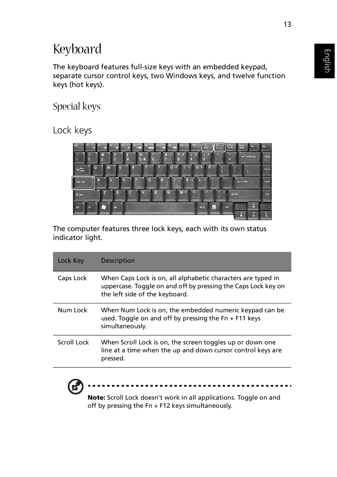 Acer 1510 Series manual Keyboard, Special keys, Lock keys 