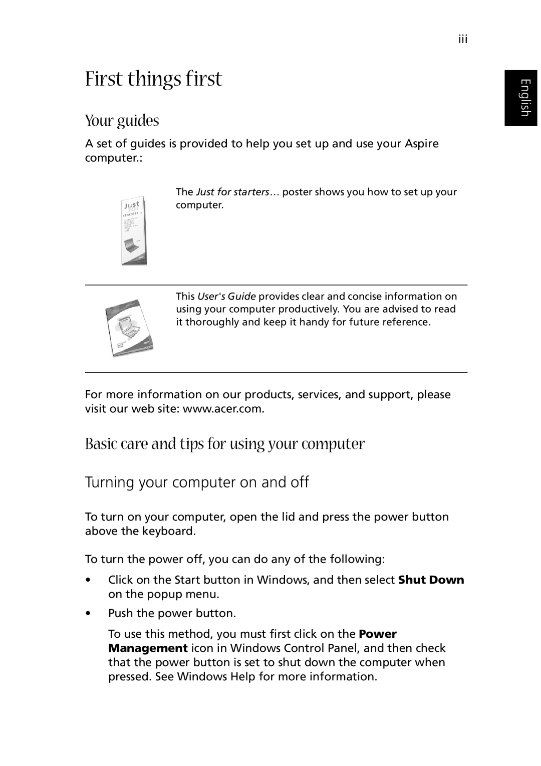 Acer 1510 Series manual First things first, Your guides, Basic care and tips for using your computer 