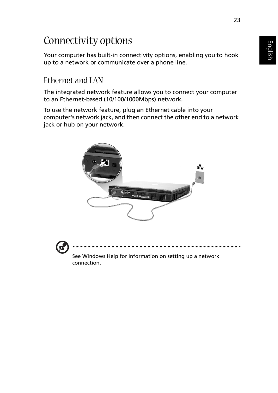 Acer 1510 Series manual Connectivity options, Ethernet and LAN 