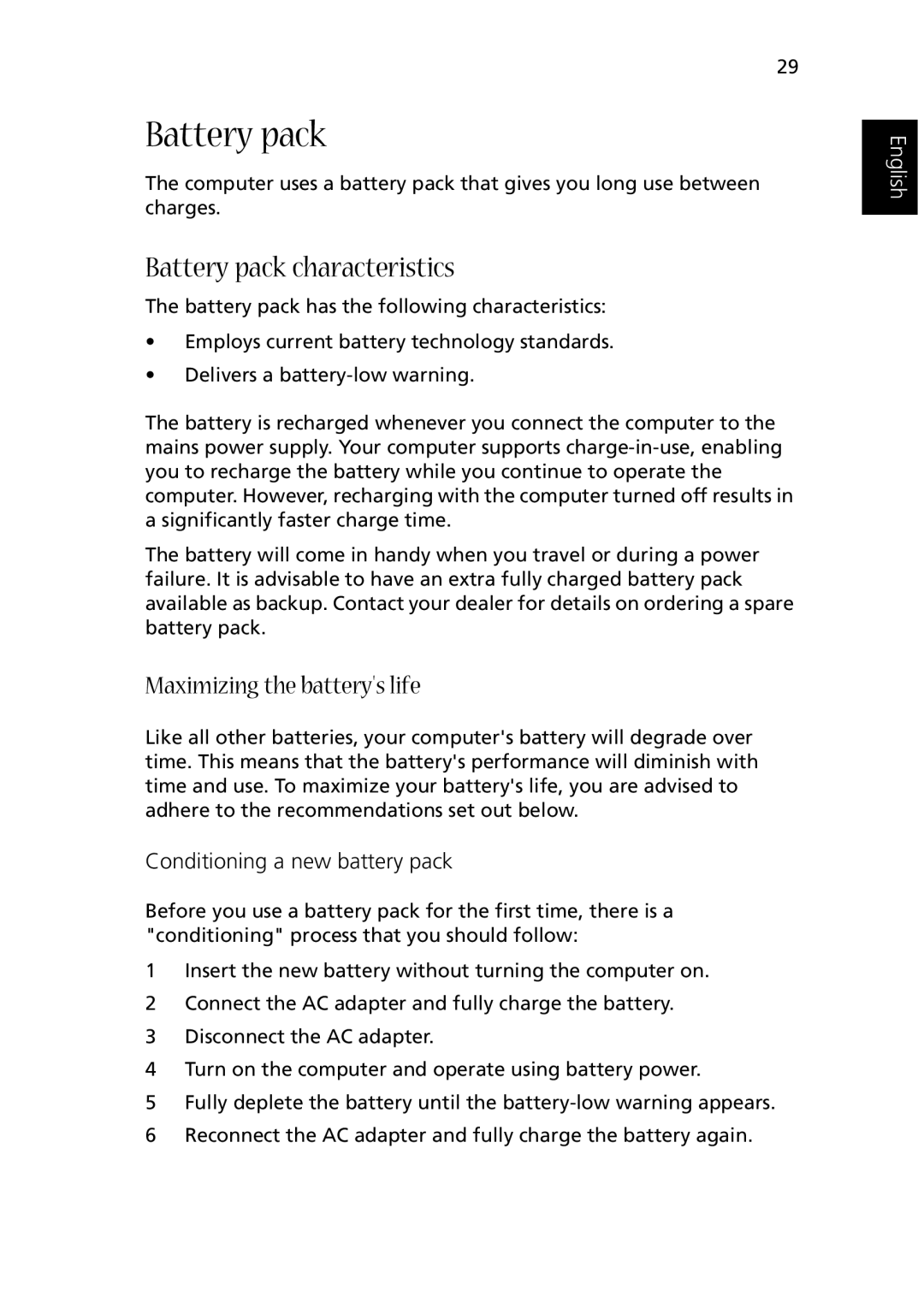 Acer 1510 Series manual Battery pack characteristics 