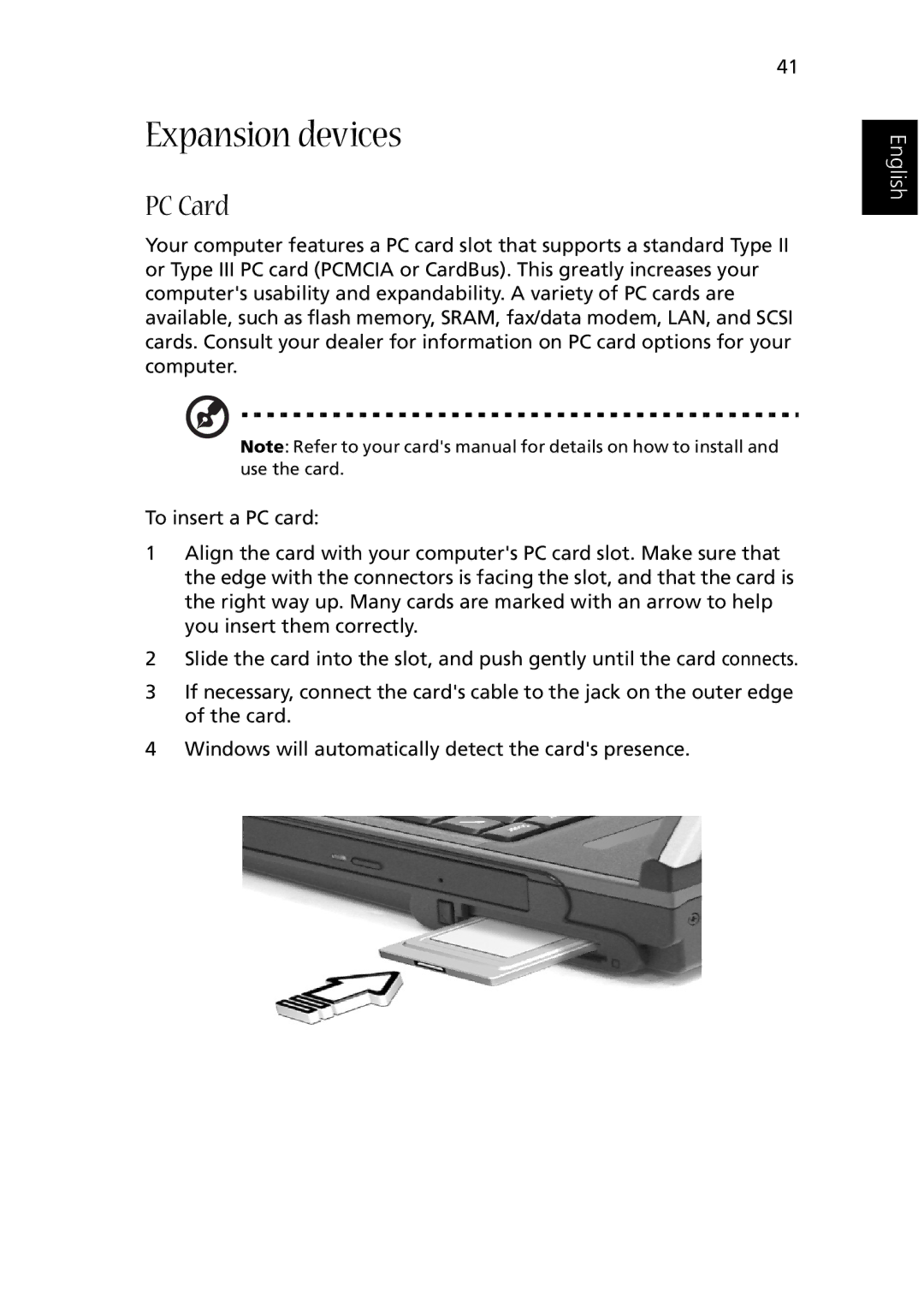 Acer 1510 Series manual Expansion devices, PC Card 