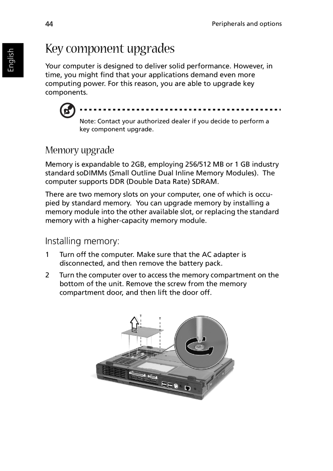 Acer 1510 Series manual Key component upgrades, Memory upgrade, Installing memory 