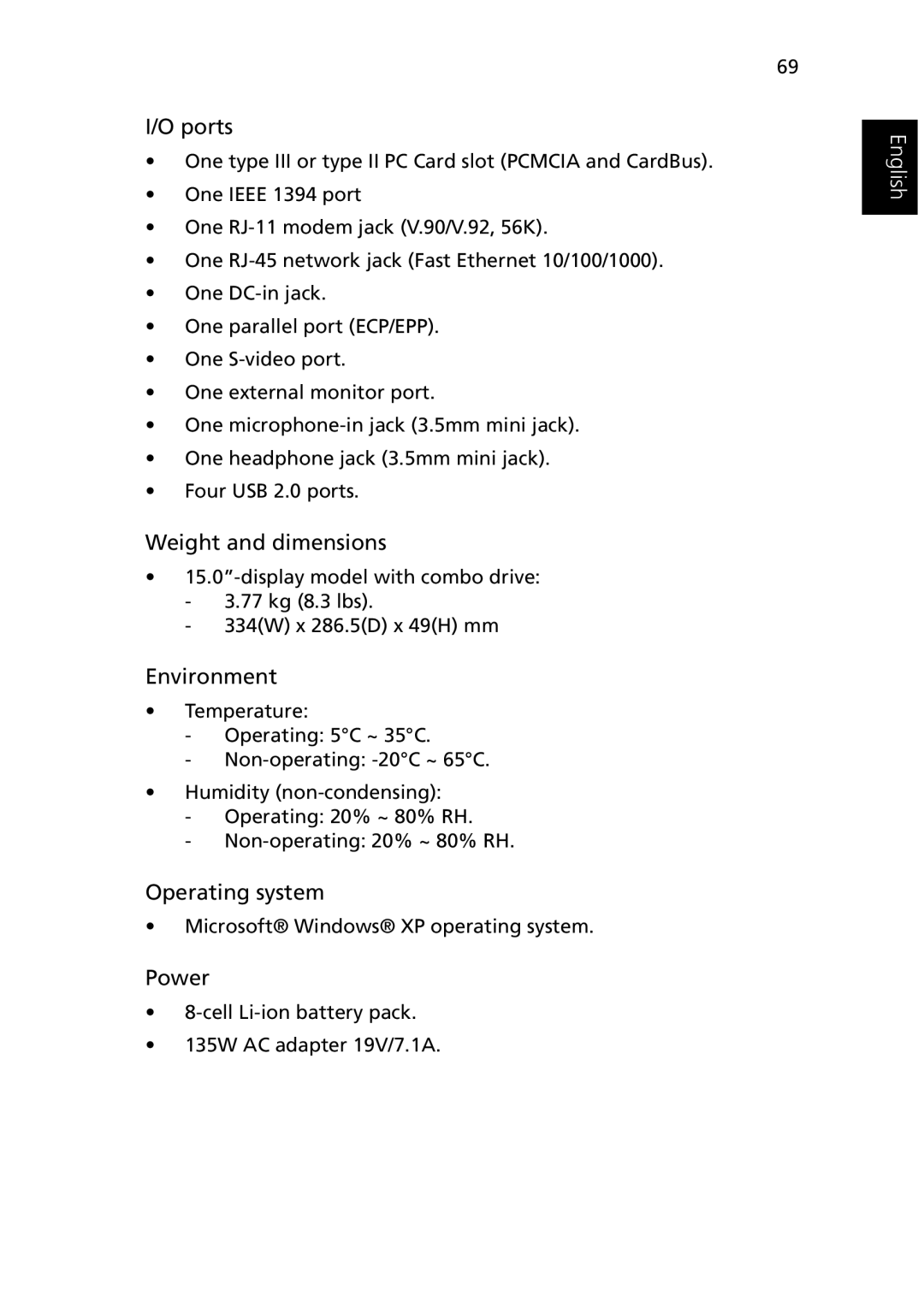 Acer 1510 Series manual Weight and dimensions 