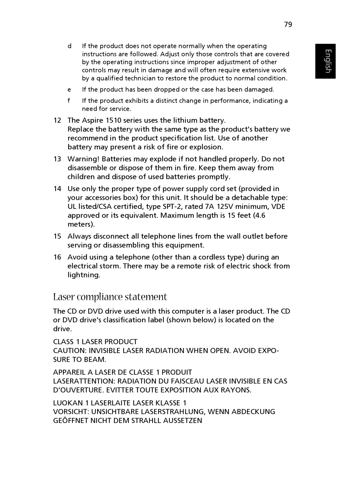 Acer 1510 Series manual Laser compliance statement 