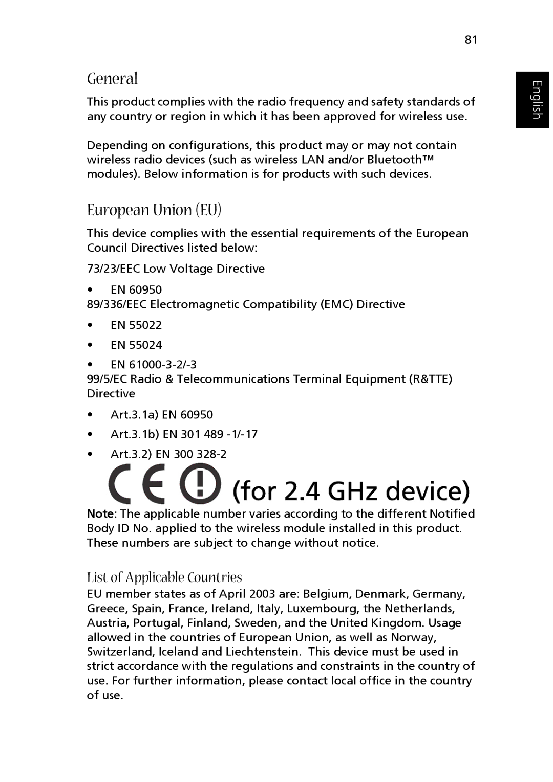 Acer 1510 Series manual General, European Union EU 