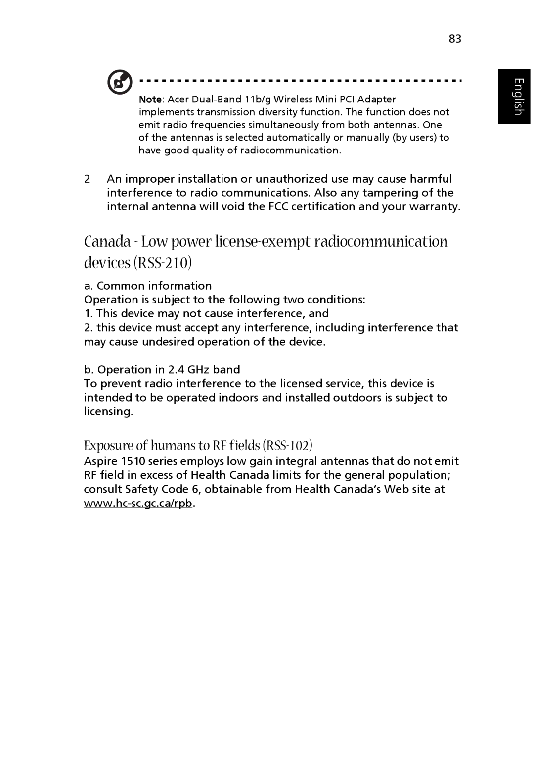 Acer 1510 Series manual Exposure of humans to RF fields RSS-102 