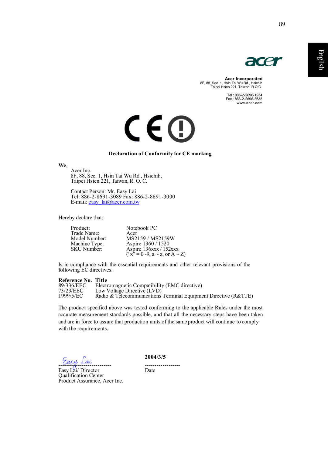 Acer 1350, 1520 manual Declaration of Conformity for CE marking 