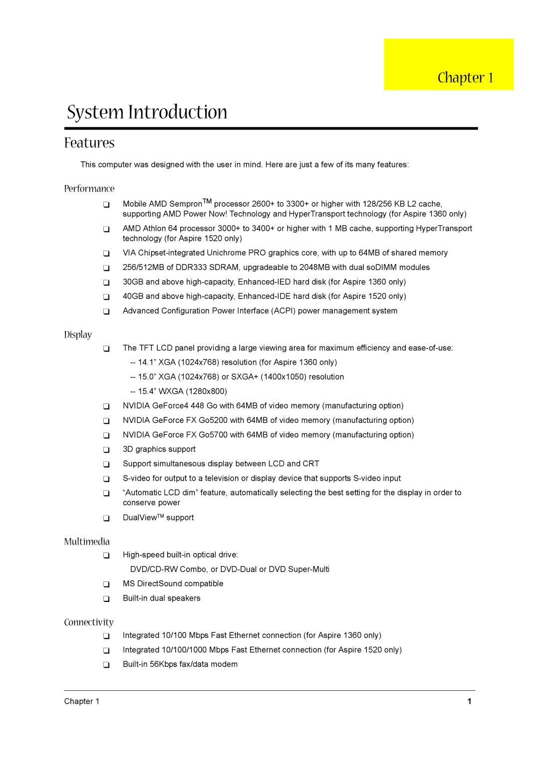 Acer 1520 manual Chapter, Features 