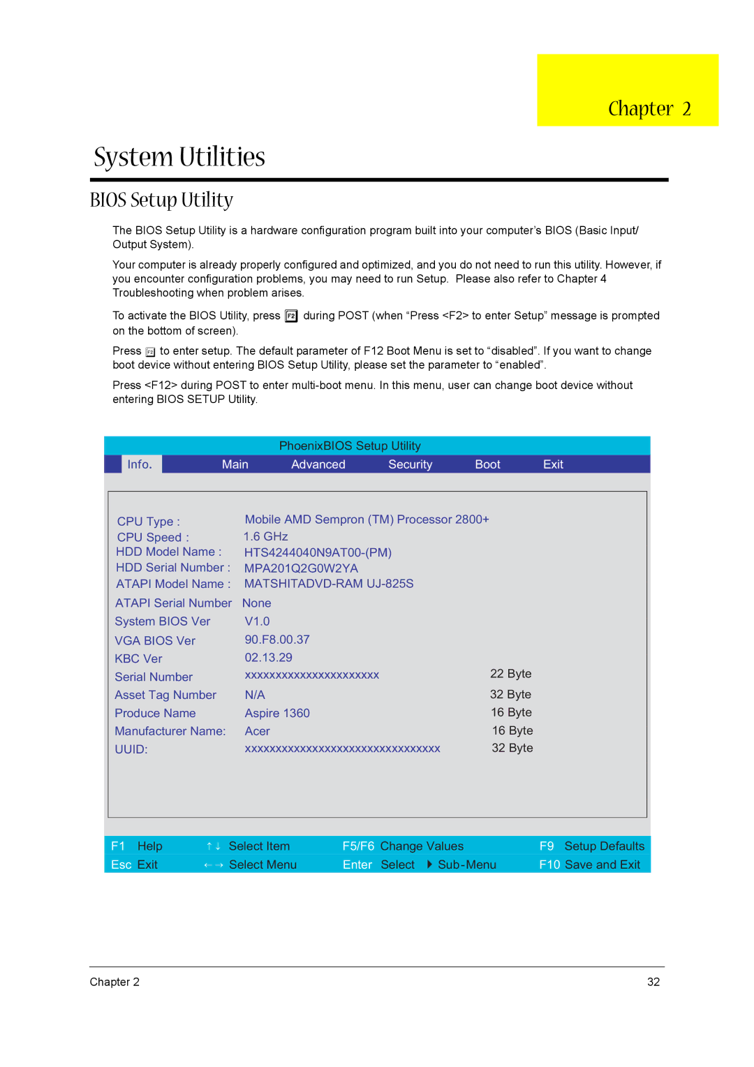 Acer 1520 manual System Utilities, Bios Setup Utility 