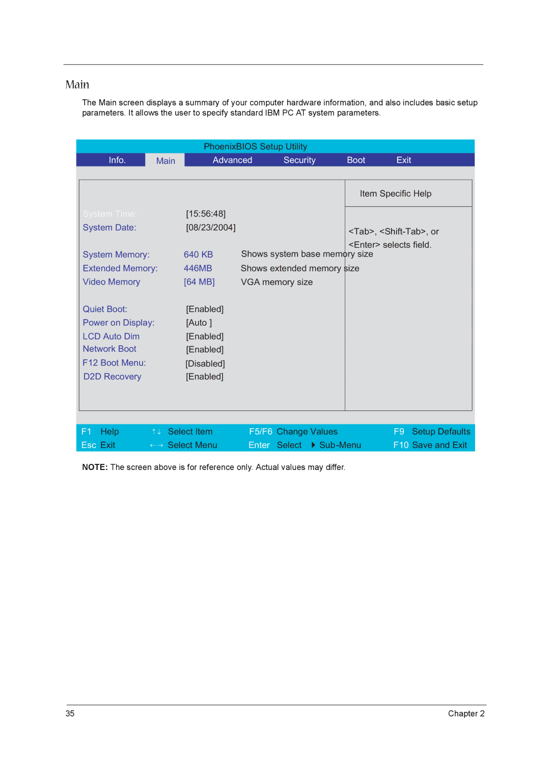 Acer 1520 manual Main, Advanced Security Boot Exit 