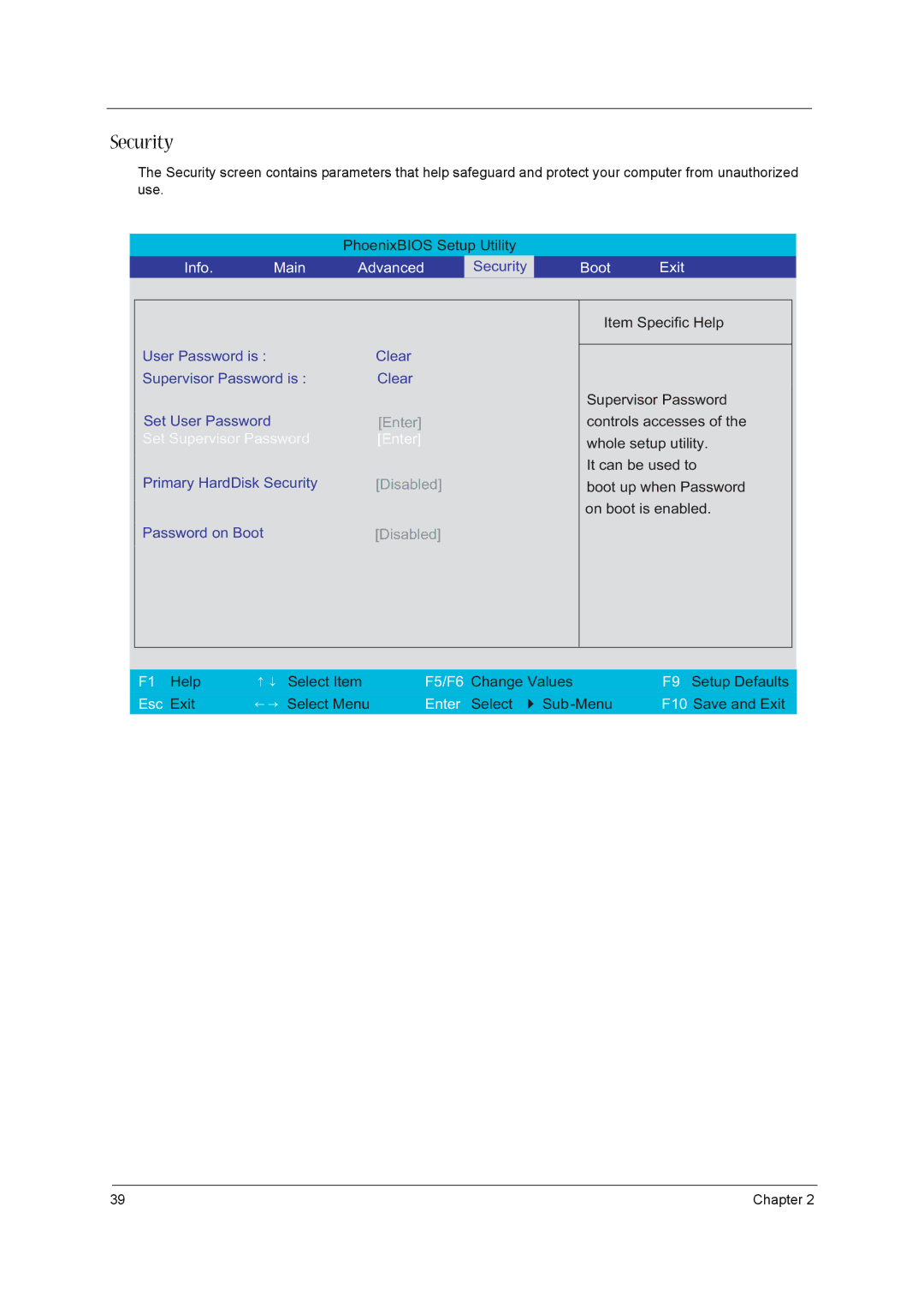 Acer 1520 manual Security, Boot Exit 