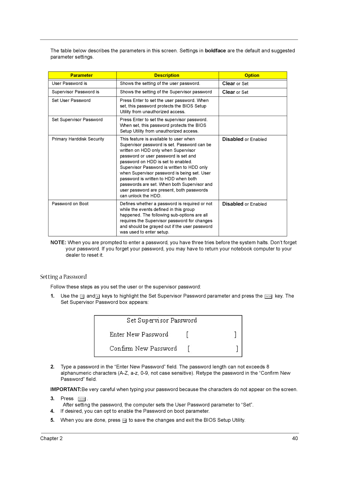 Acer 1520 manual Clear or Set, Parameter Description Option 