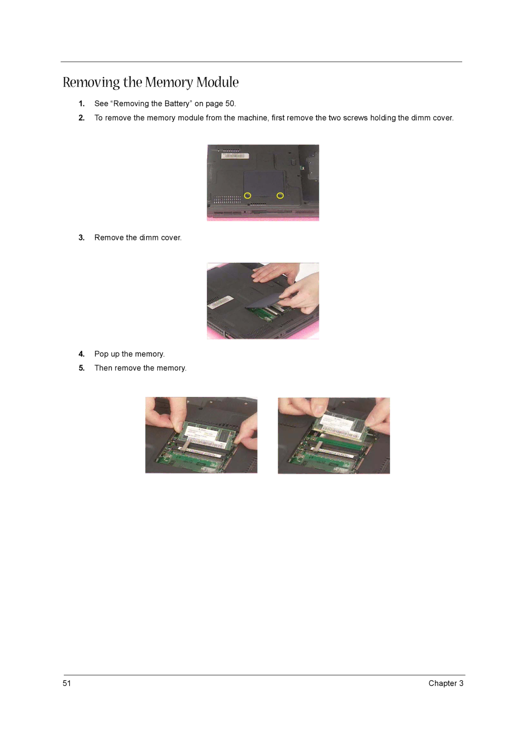 Acer 1520 manual Removing the Memory Module 