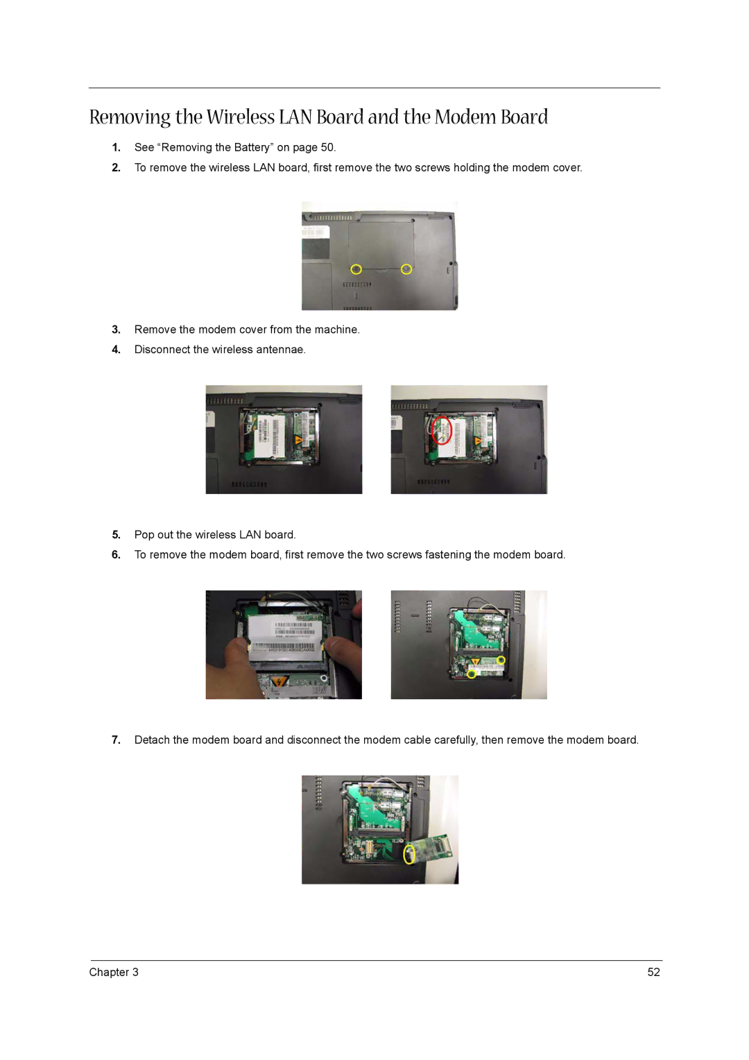 Acer 1520 manual Removing the Wireless LAN Board and the Modem Board 