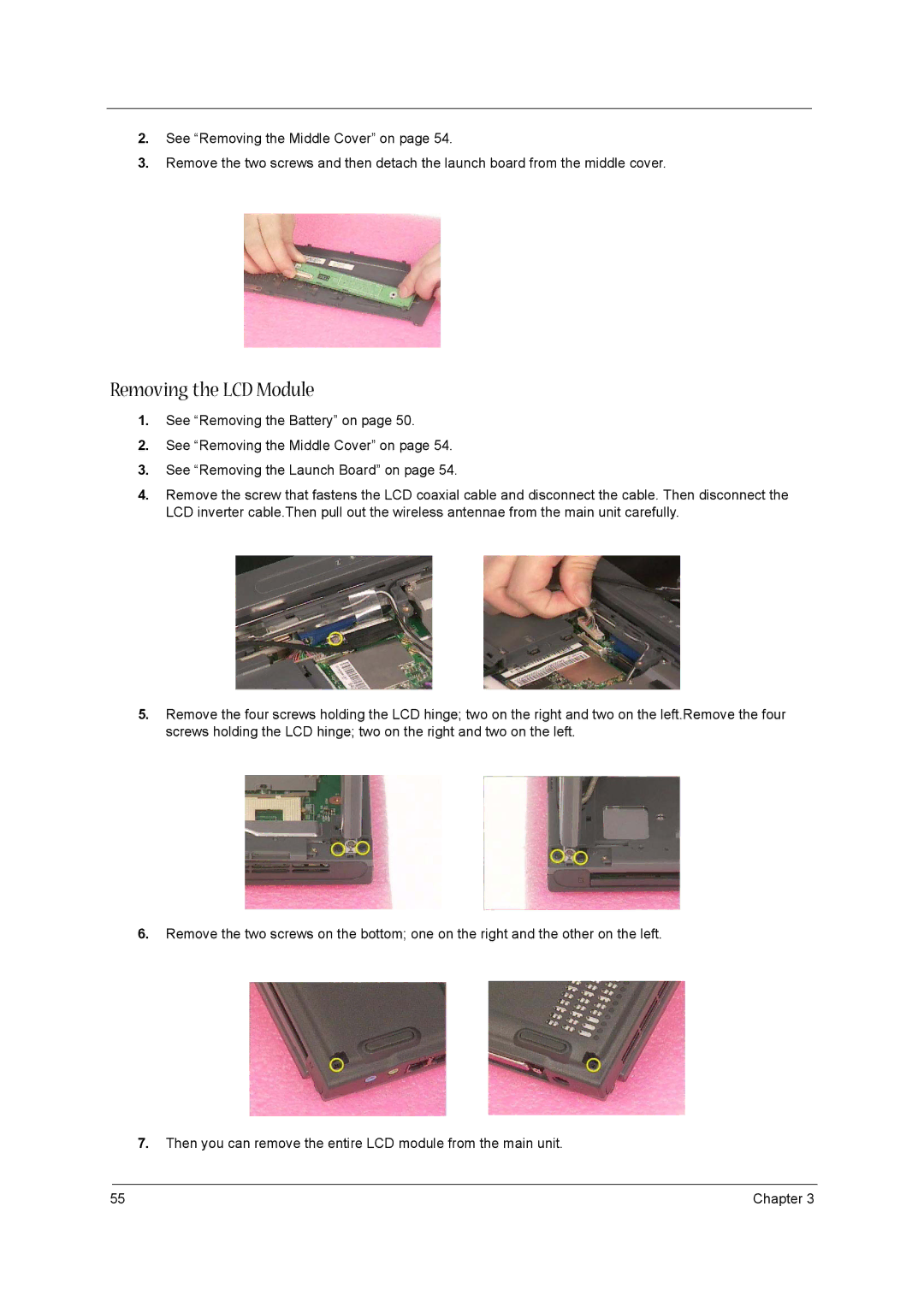 Acer 1520 manual Removing the LCD Module 