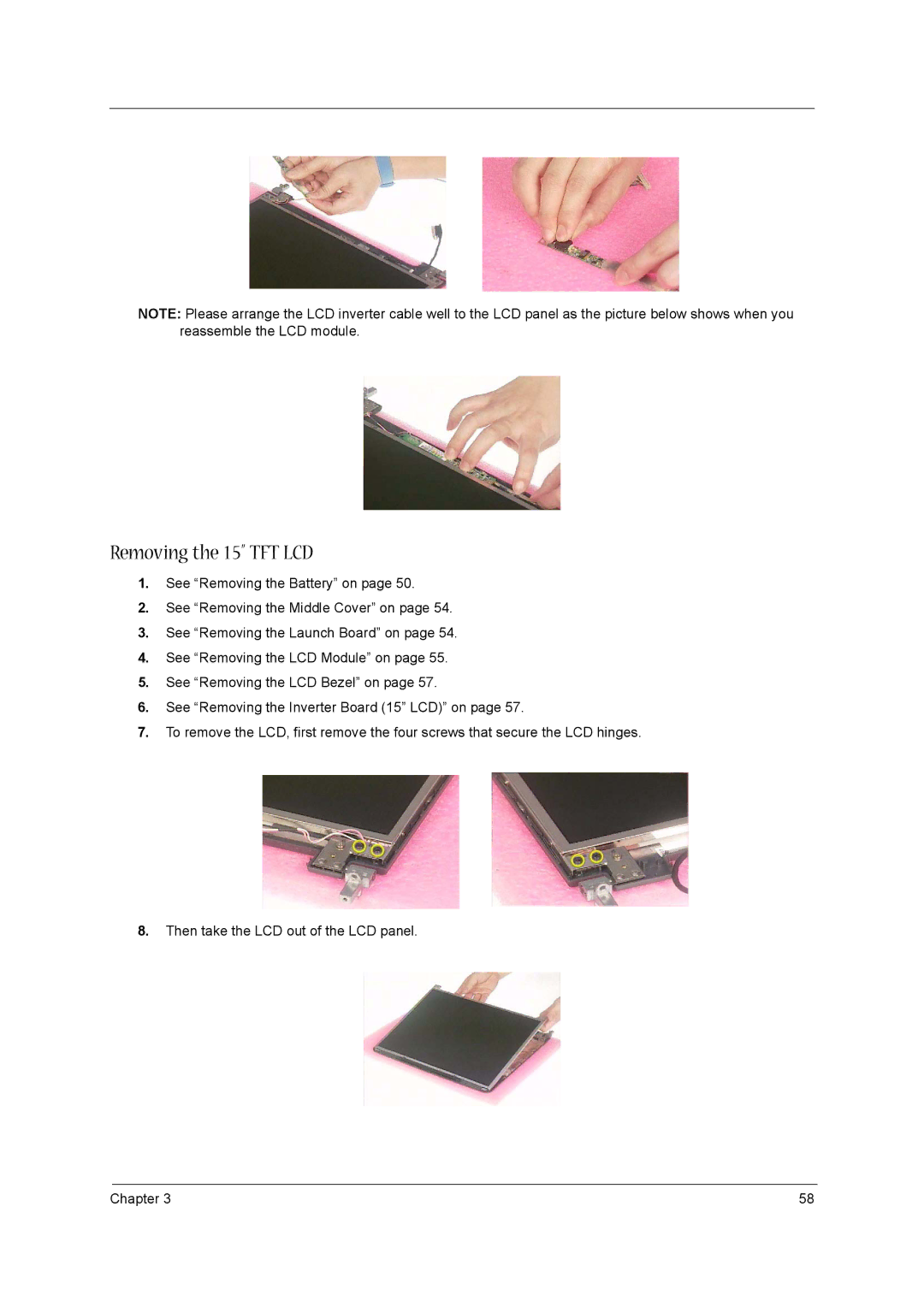 Acer 1520 manual Removing the 15 TFT LCD 