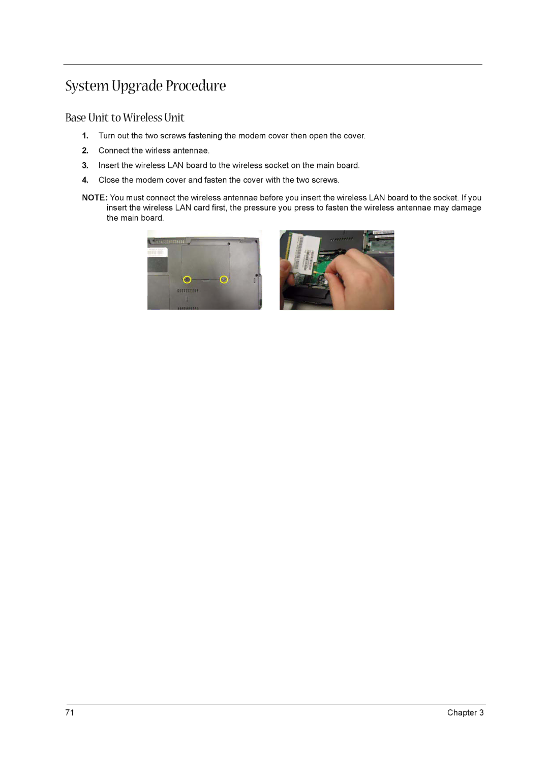 Acer 1520 manual System Upgrade Procedure, Base Unit to Wireless Unit 