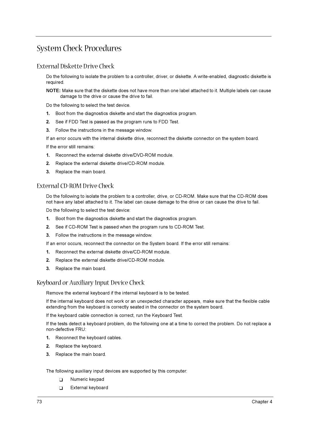 Acer 1520 manual System Check Procedures, External Diskette Drive Check, External CD-ROM Drive Check 