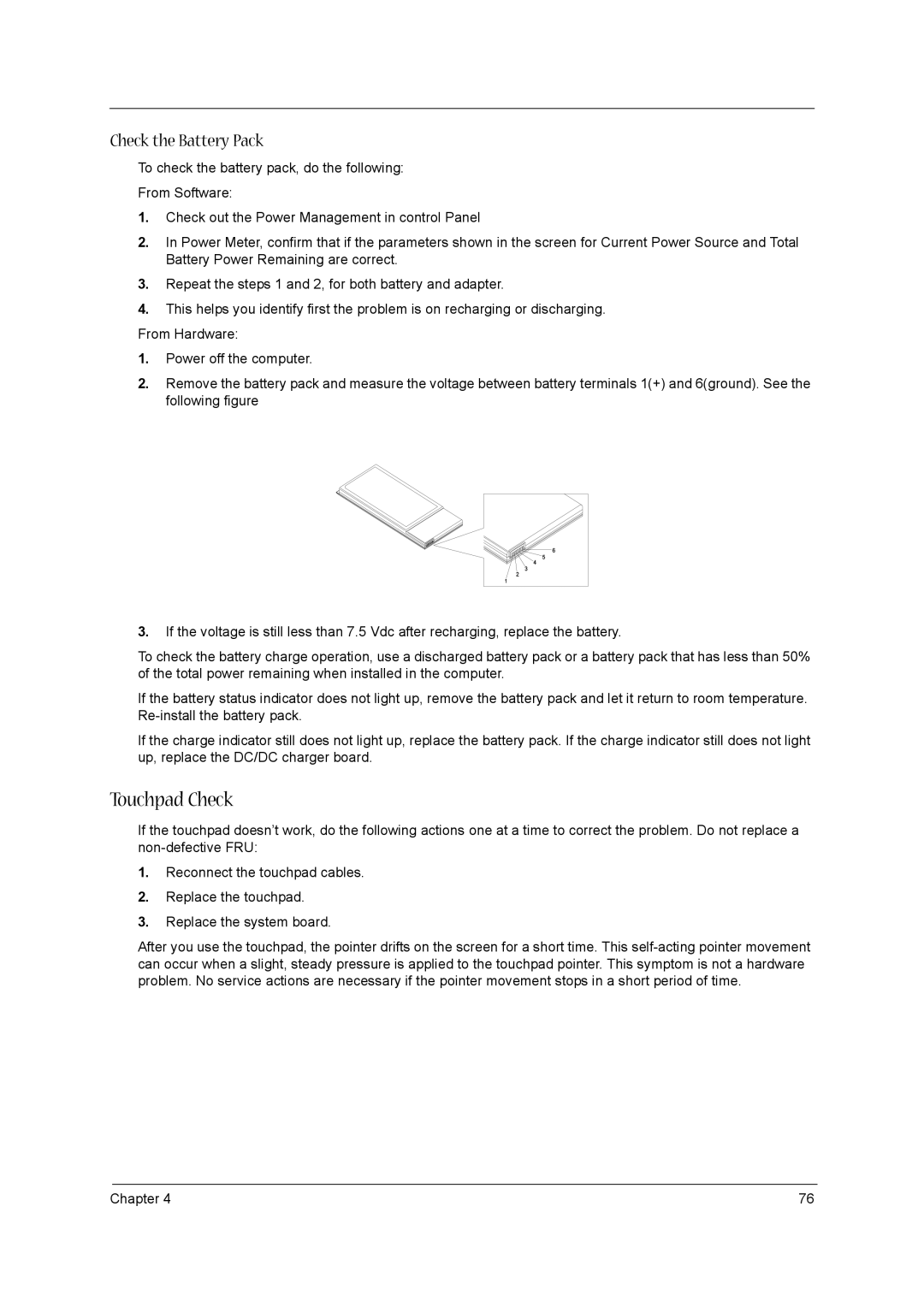 Acer 1520 manual Touchpad Check, Check the Battery Pack 