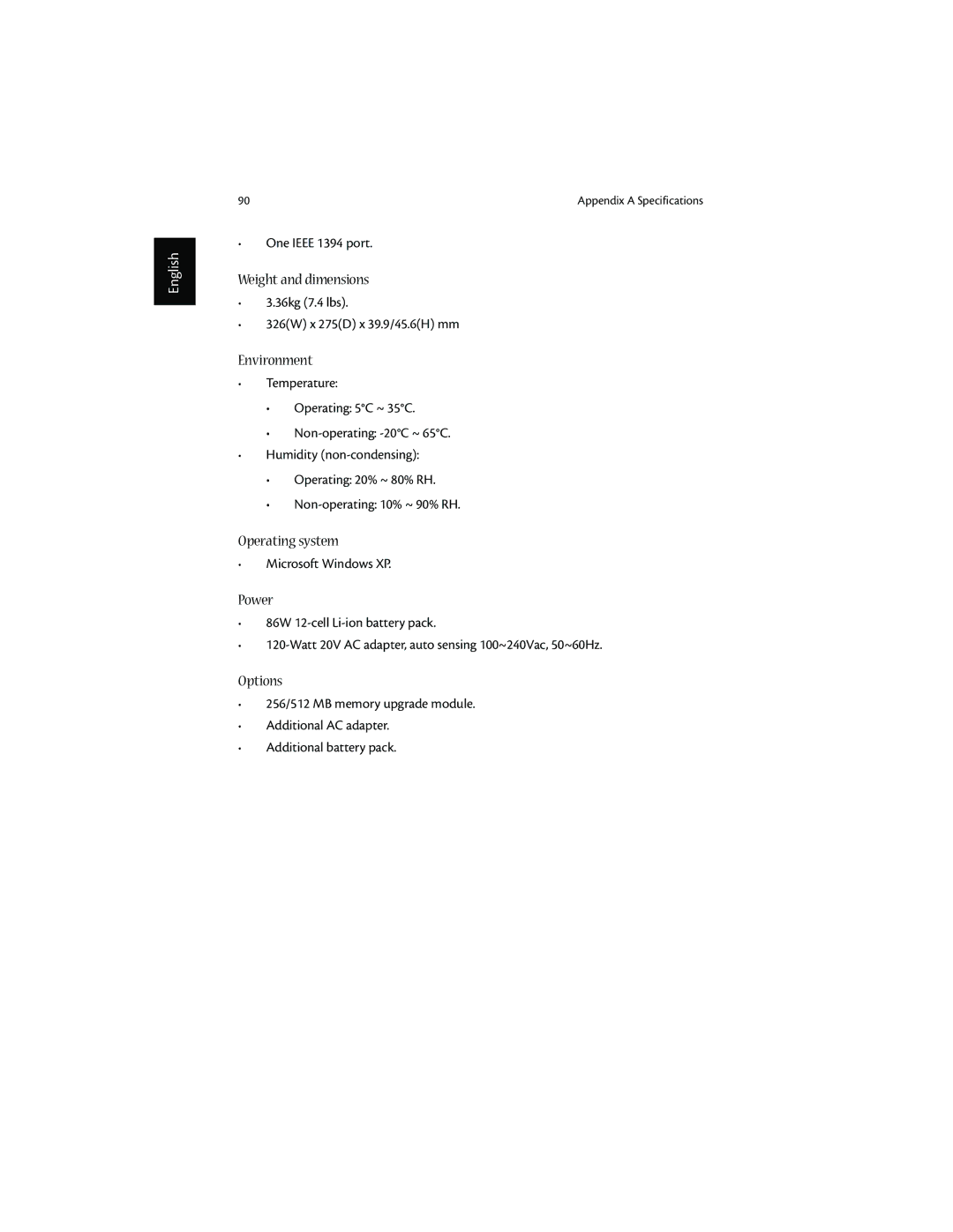 Acer 1600 series manual Weight and dimensions 