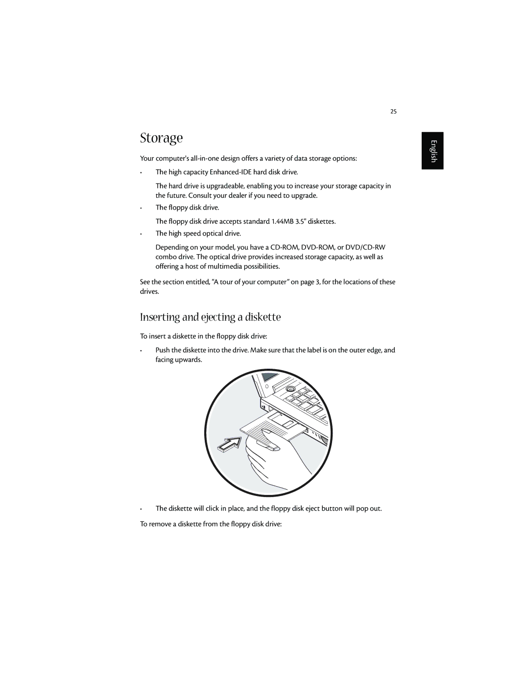 Acer 1600 series manual Storage, Inserting and ejecting a diskette 