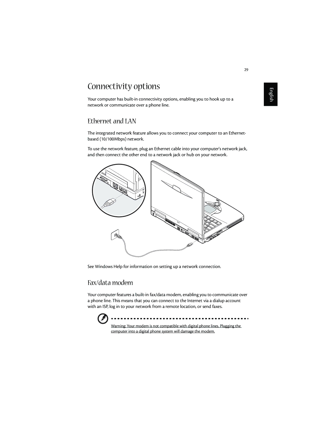 Acer 1600 series manual Connectivity options, Ethernet and LAN, Fax/data modem 