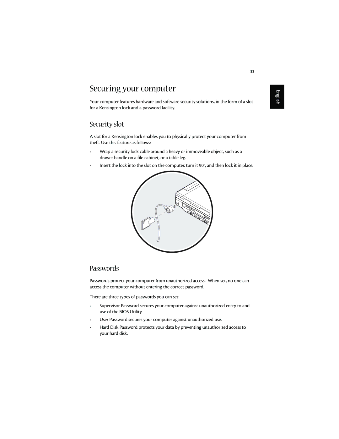 Acer 1600 series manual Securing your computer, Security slot, Passwords 