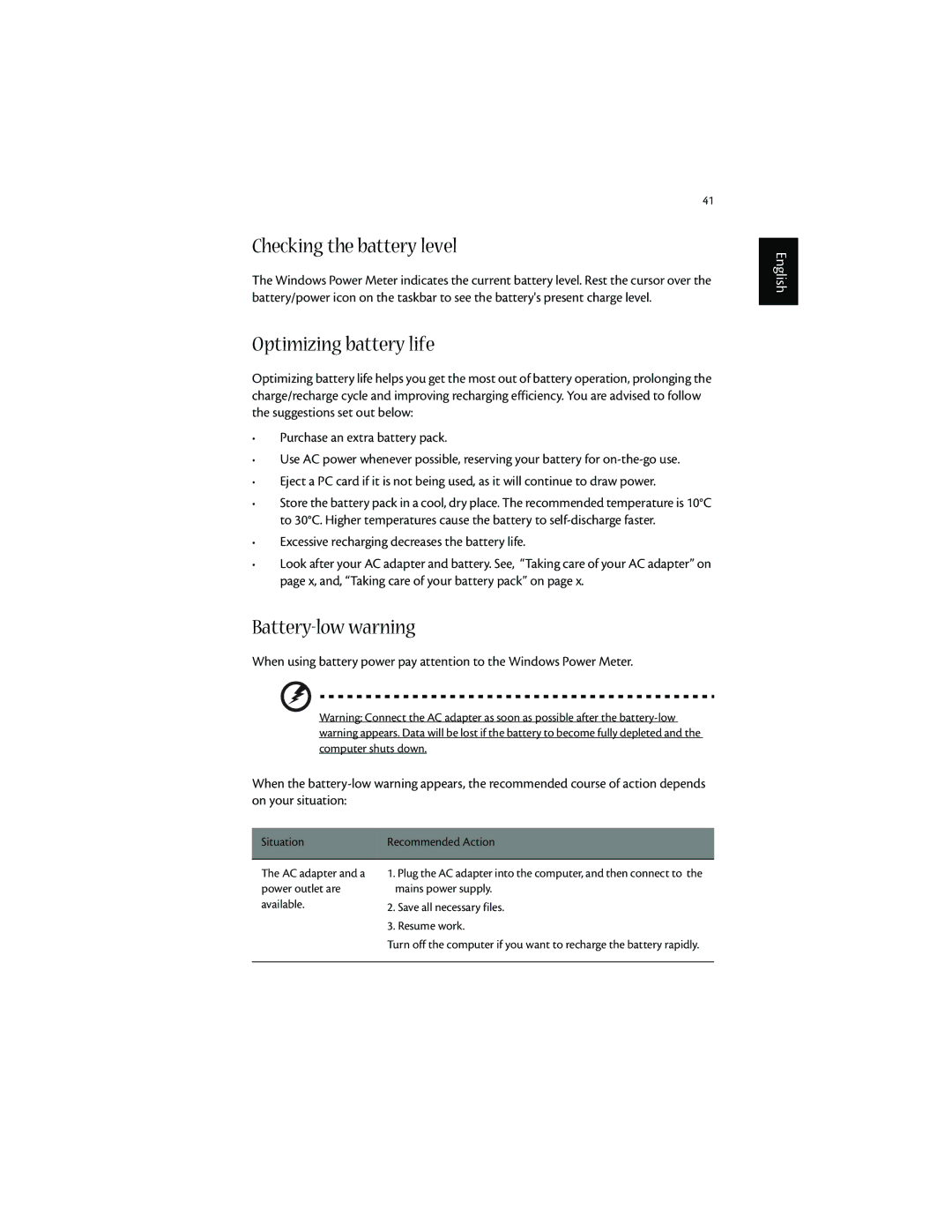 Acer 1600 series manual Checking the battery level, Optimizing battery life, Battery-low warning 