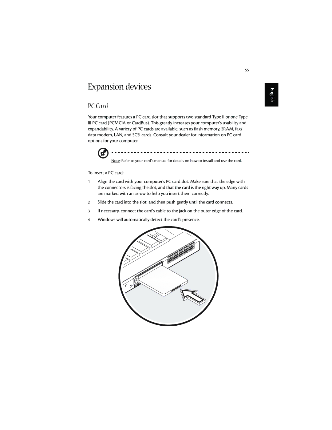 Acer 1600 series manual Expansion devices, PC Card 