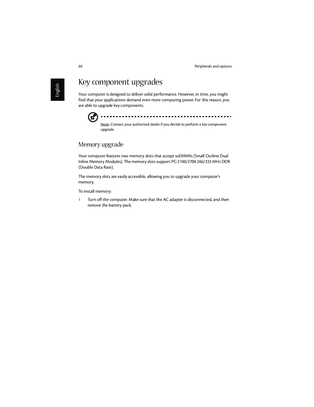 Acer 1600 series manual Key component upgrades, Memory upgrade 