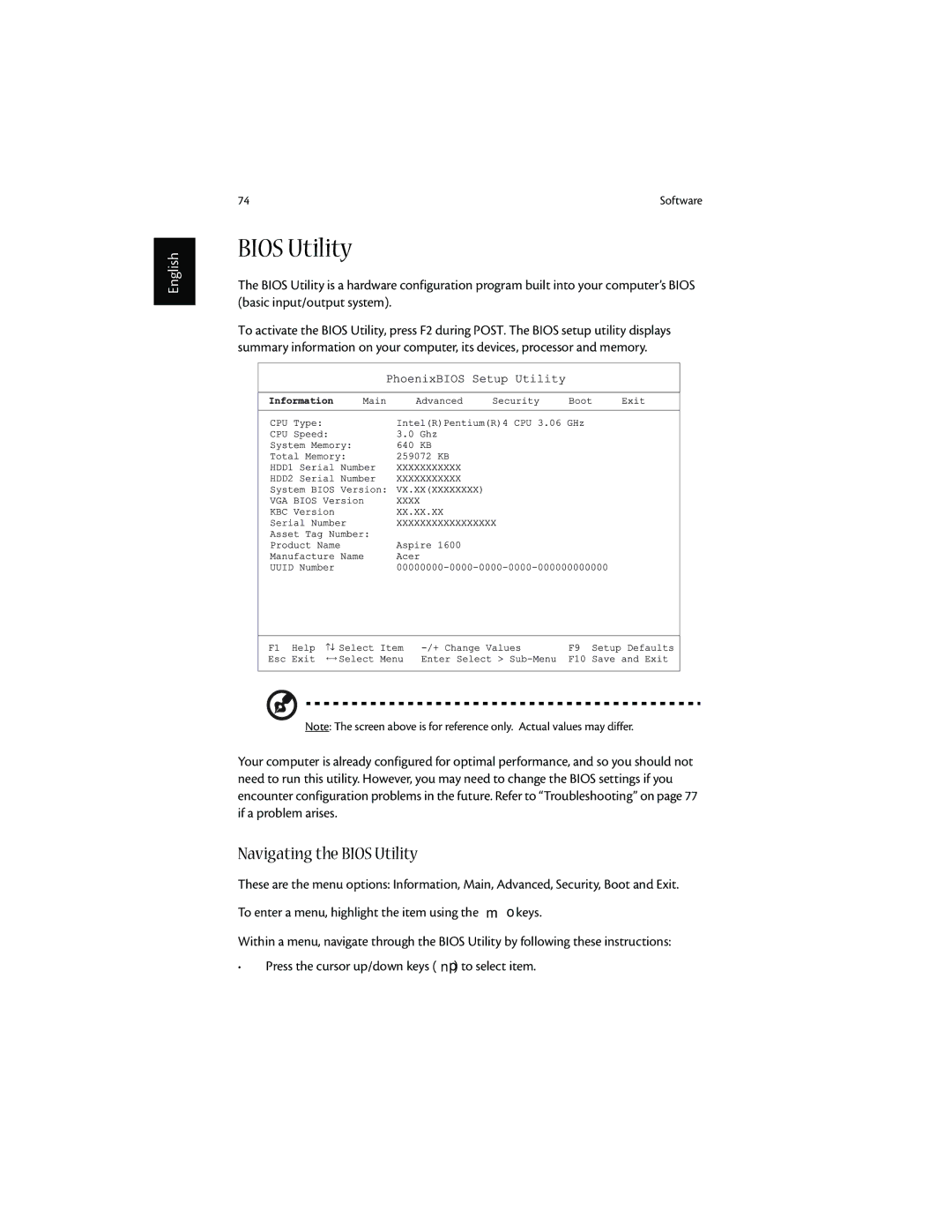 Acer 1600 series manual Navigating the Bios Utility 