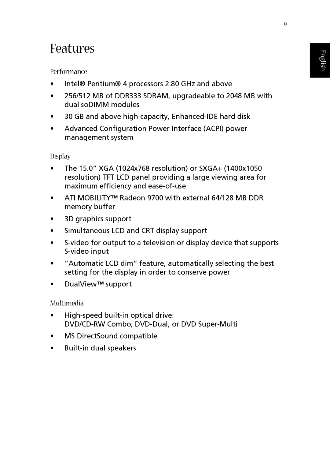 Acer 1620 Series manual Features, Performance, Display, Multimedia 