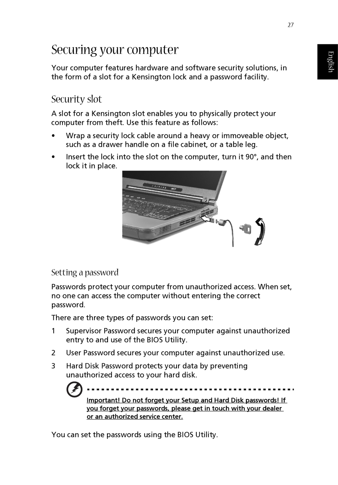 Acer 1620 Series manual Securing your computer, Security slot, Setting a password 