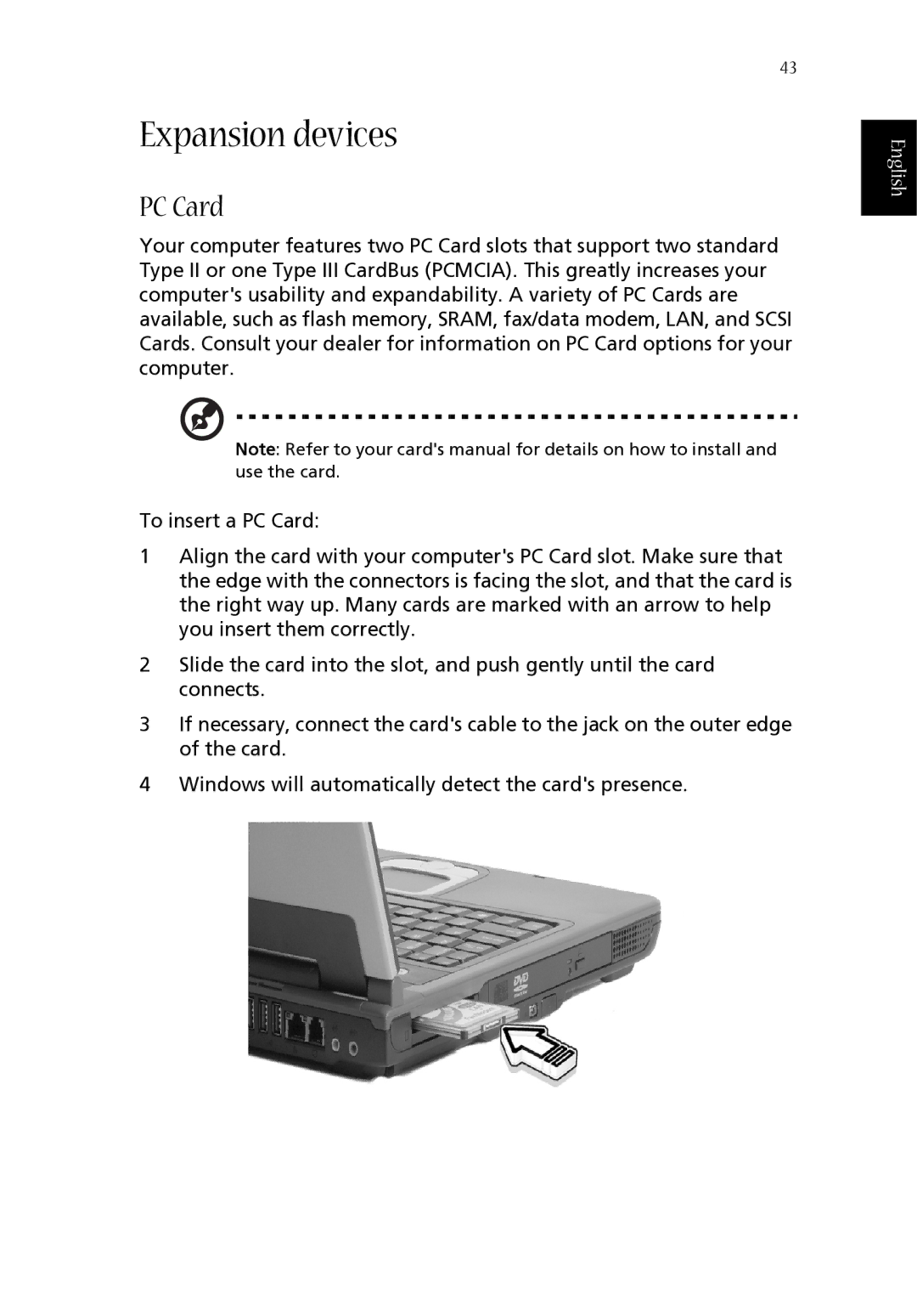 Acer 1620 Series manual Expansion devices, PC Card 