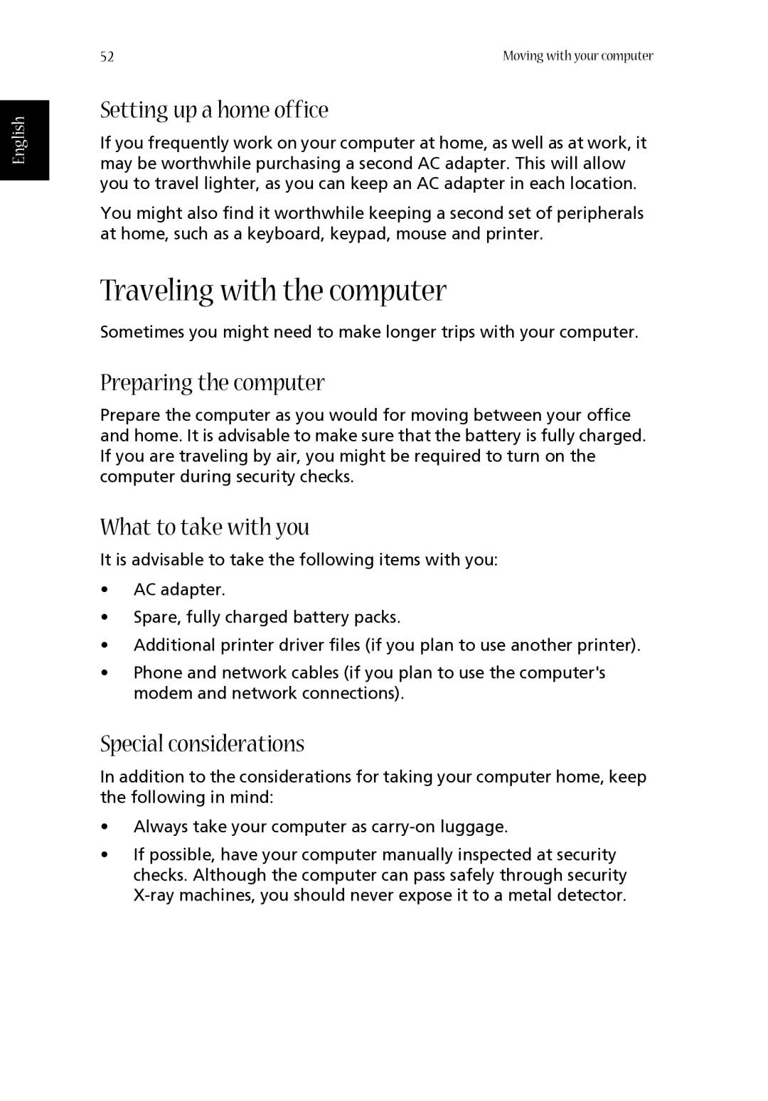 Acer 1620 Series manual Traveling with the computer, Setting up a home office, What to take with you 