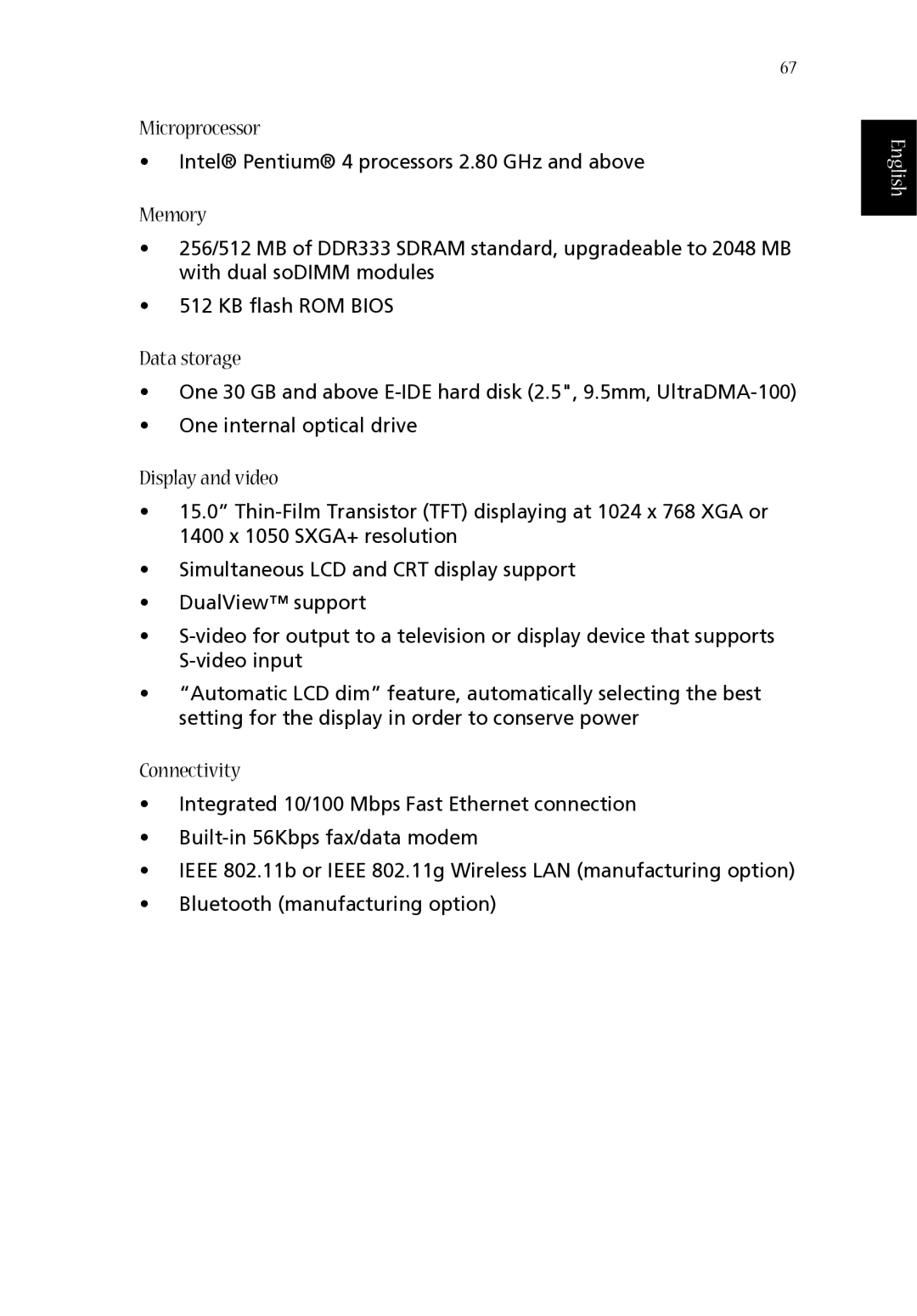 Acer 1620 Series manual Microprocessor, Memory, Data storage, Display and video 