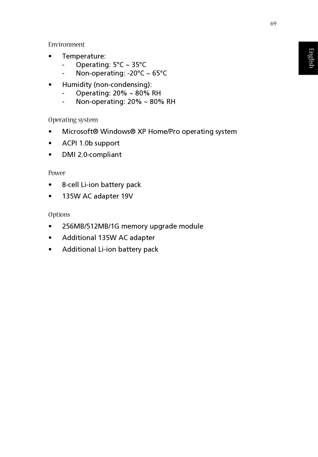 Acer 1620 Series manual Environment, Operating system, Power, Options 