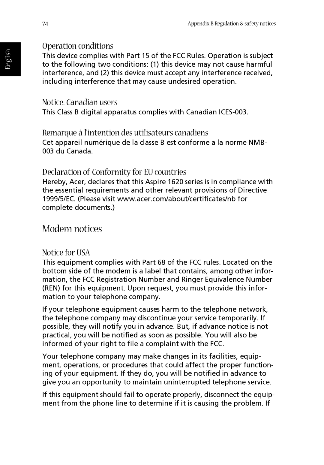 Acer 1620 Series manual Modem notices, Operation conditions, Remarque à l’intention des utilisateurs canadiens 