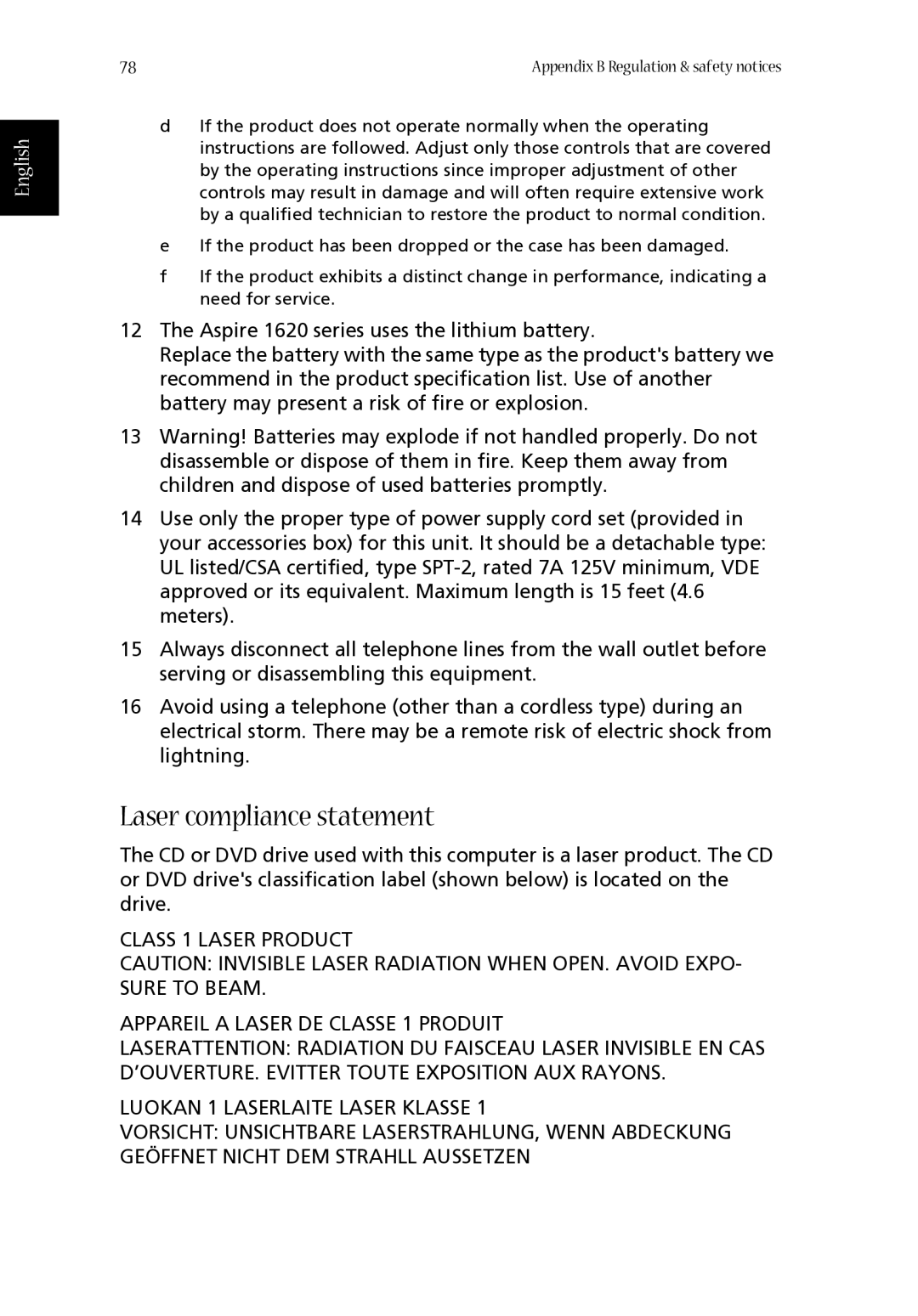 Acer 1620 Series manual Laser compliance statement 