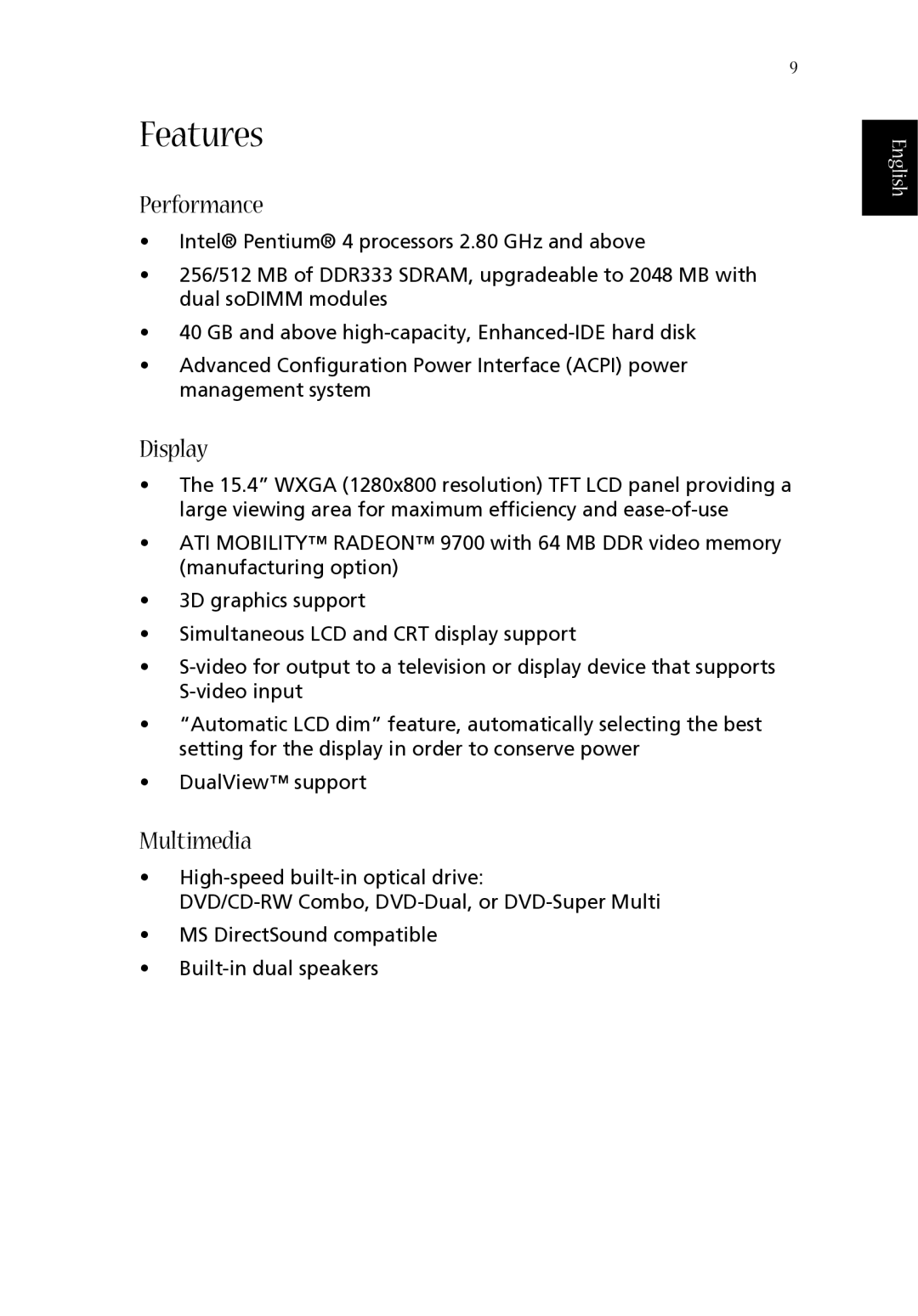 Acer 1660 manual Features, Performance, Display, Multimedia 